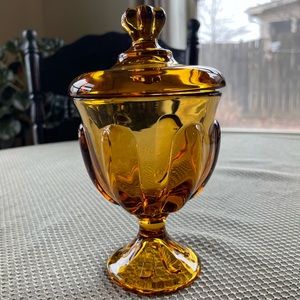 Vintage Viking Glass Amber Art Glass Pedestal Compote Candy Dish With Lid